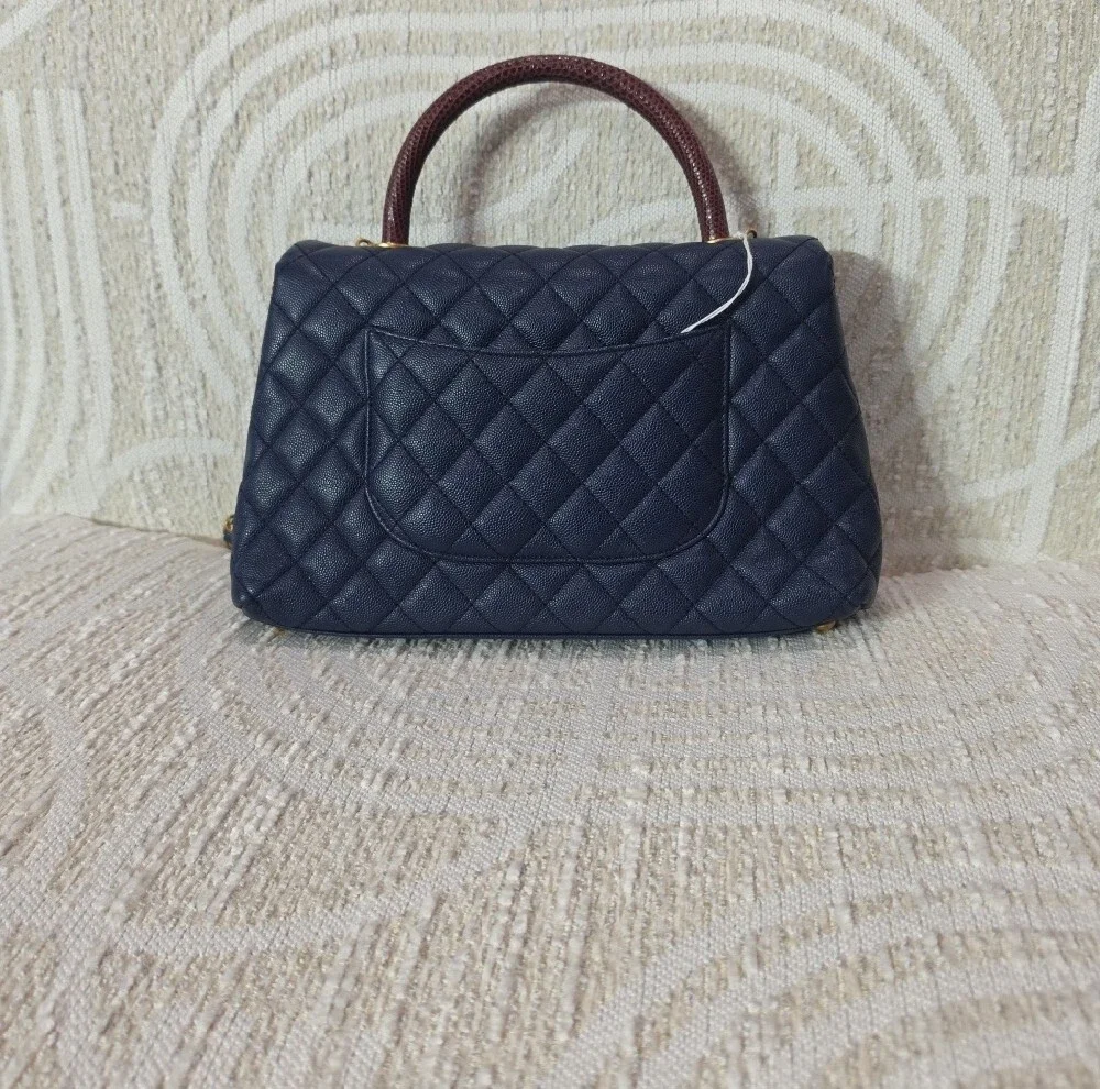 CHANEL Coco Navy Quilted Leather Top Handle Satchel with Burgundy Lizard Handle